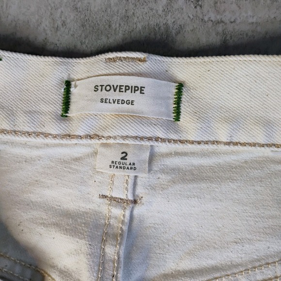 AE77 Jeans Womens 2 Beige Stovepipe Selvedge High Rise Wide Leg Organic Cotton - Picture 9 of 15